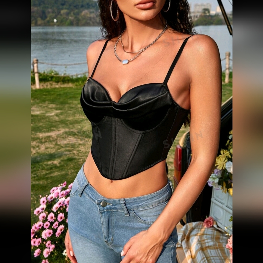 DRAPED COLLAR ASYMMETRICAL HEM LACE UP BACK CORSET "BLACK"